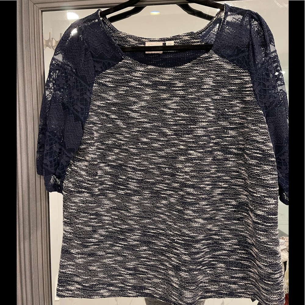 anthropologie navy and white shirt with lace sleeves, size L